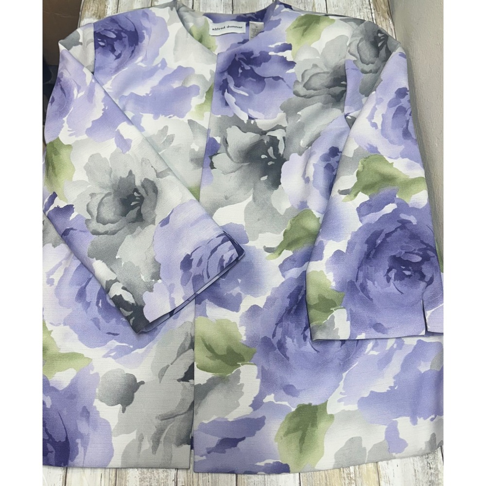 Alfred Dunner Purple Watercolor Floral Open‎ Front Jacket Size 16 Lavender Grey